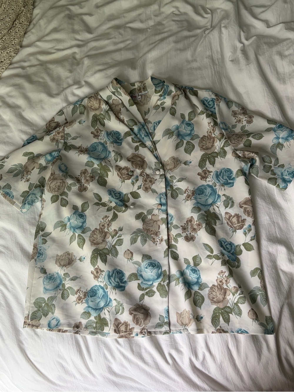 Floral Short Sleeve Button Shirt in Blue & Taupe Roses and Layered Neckline
